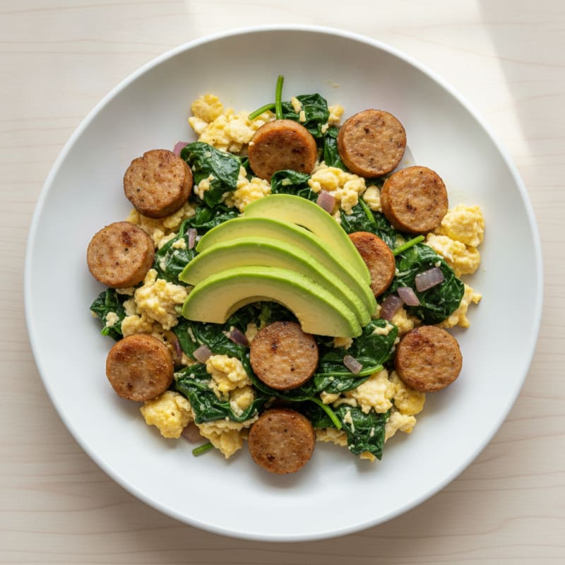 Egg White Scramble with Turkey Sausage and Sautéed Spinach