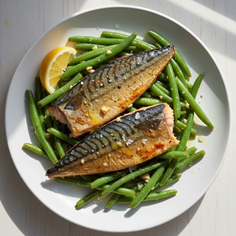 Seared Mackerel Fillets with Lemon-Garlic Green Beans