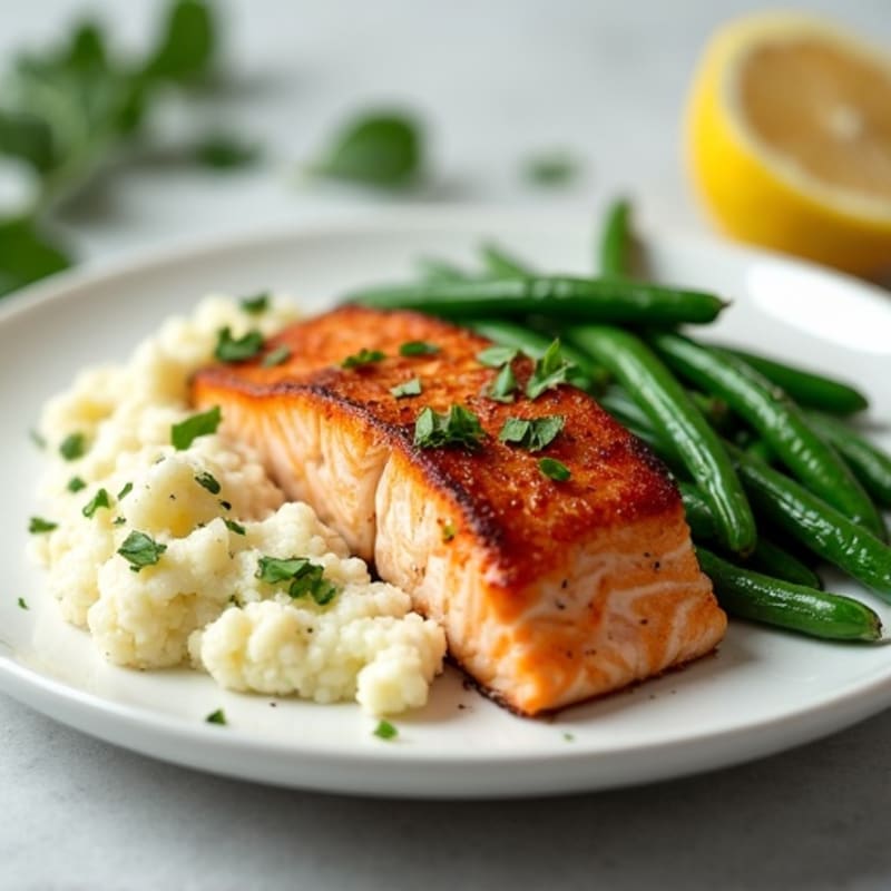 Seared Salmon Fillet with Garlic Green Beans and Mashed Cauliflower