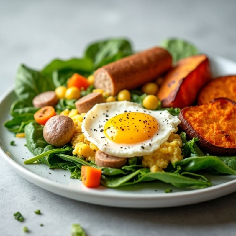 Egg White and Turkey Sausage Scramble with Spinach and Roasted Sweet Potatoes