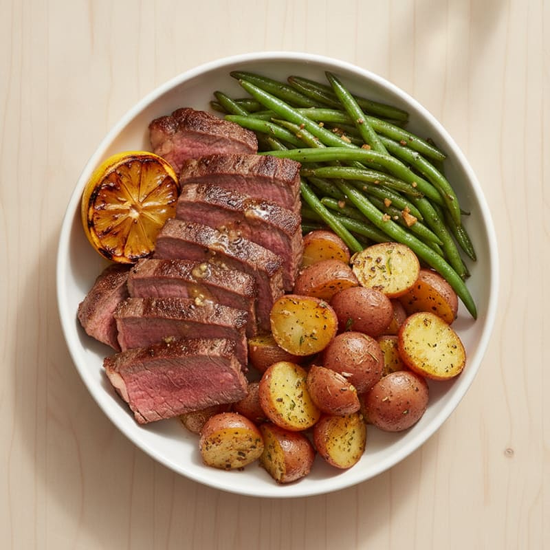 Grilled Steak and Roasted Potato Bowl with Green Beans