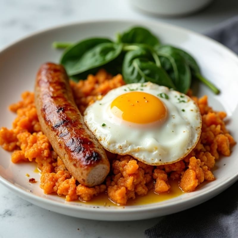 Crispy Turkey Sausage and Egg White Scramble with Roasted Sweet Potato