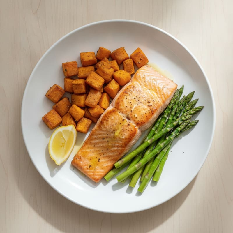 Seared Salmon with Roasted Sweet Potatoes and Asparagus