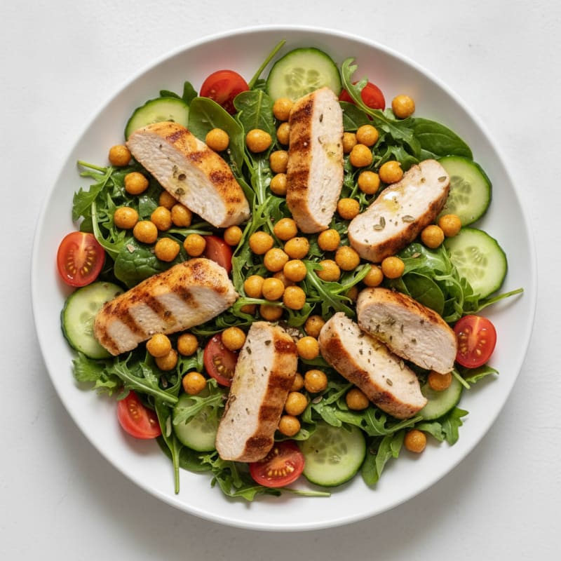 Grilled Turkey Breast Salad with Roasted Chickpeas and Mixed Greens