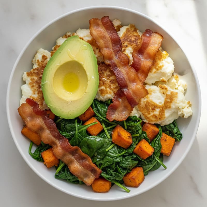 Crispy Turkey Bacon and Egg White Breakfast Bowl with Sautéed Spinach