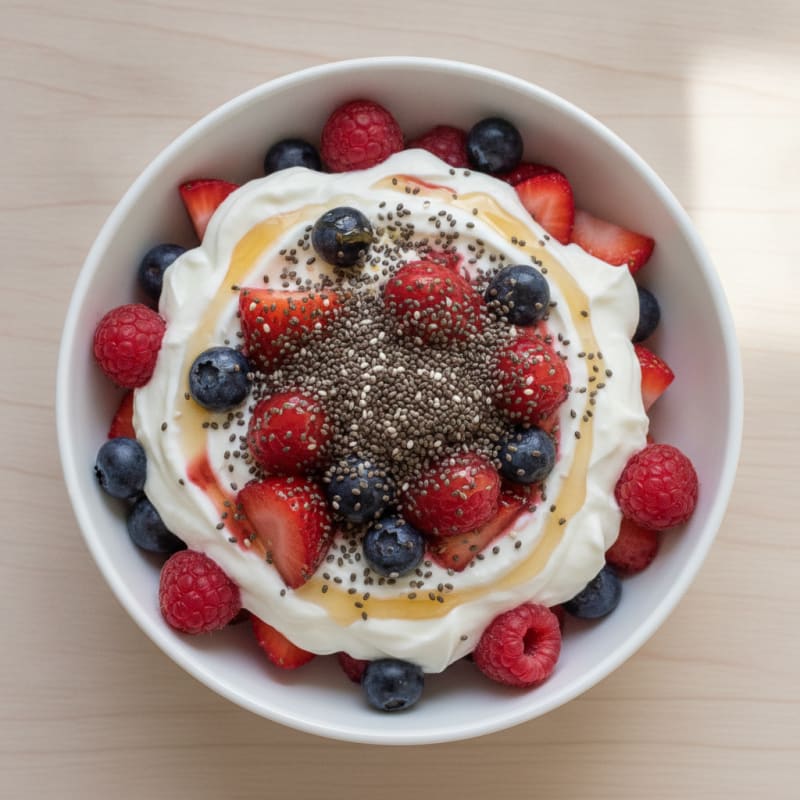Greek Yogurt Protein Parfait with Mixed Berries and Chia Seeds