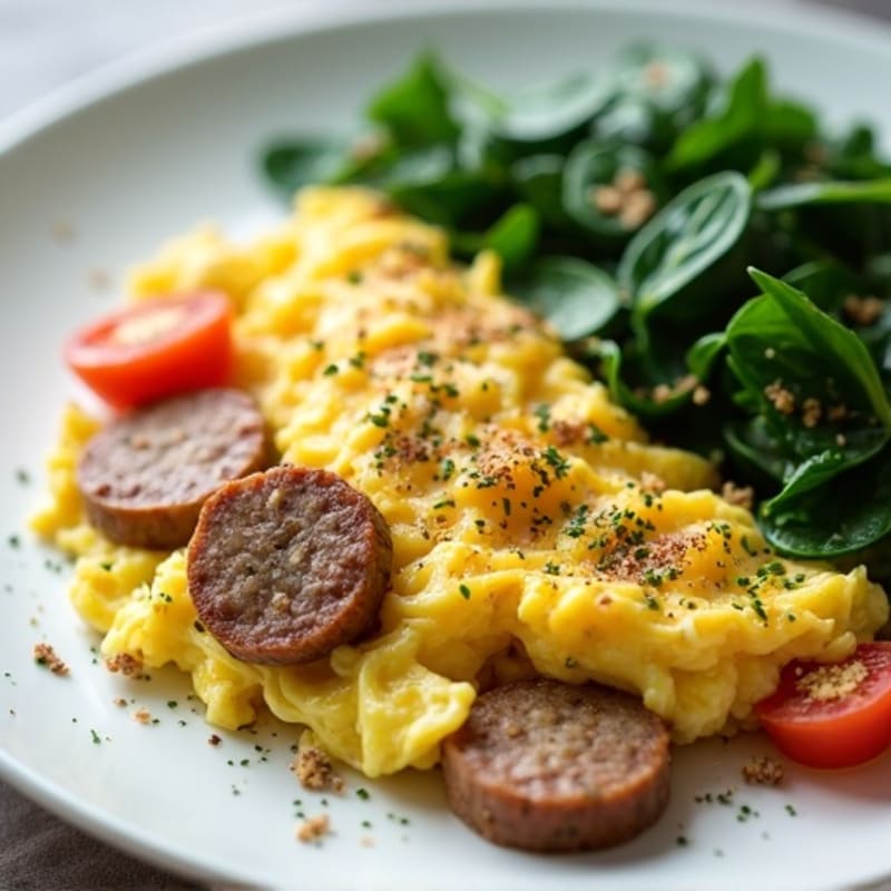 Egg White and Turkey Sausage Scramble with Sautéed Spinach