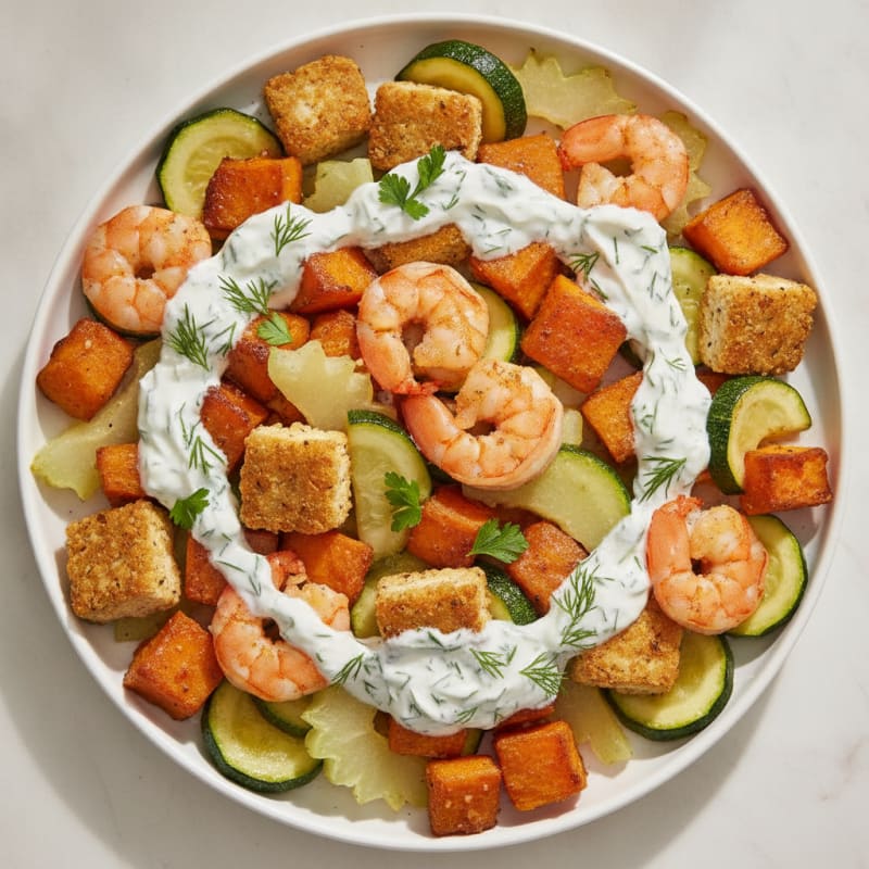 Crispy Tofu and Roasted Sweet Potato with Zucchini and Chayote