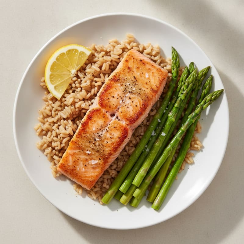 Seared Salmon with Steamed Asparagus and Brown Rice