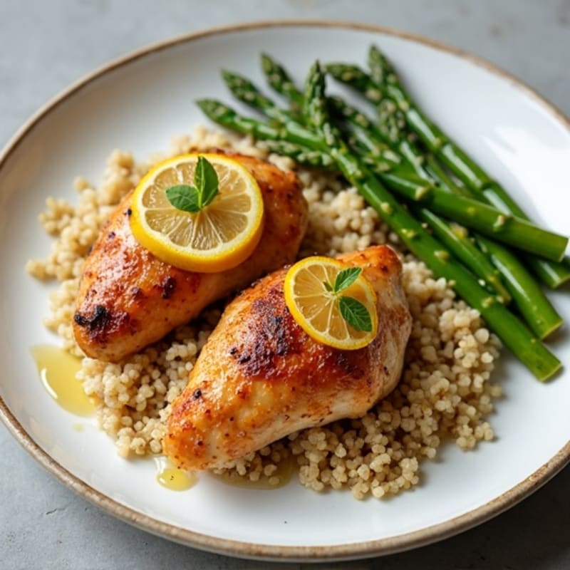 Crispy Lemon Herb Chicken Thighs with Roasted Asparagus and Quinoa