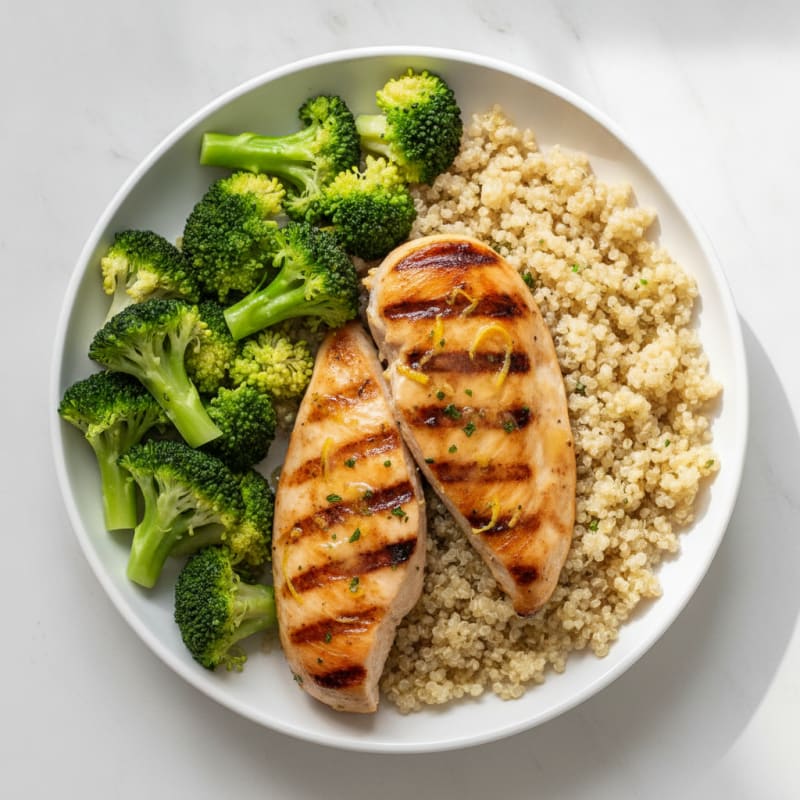 Grilled Chicken Breast with Steamed Broccoli and Quinoa