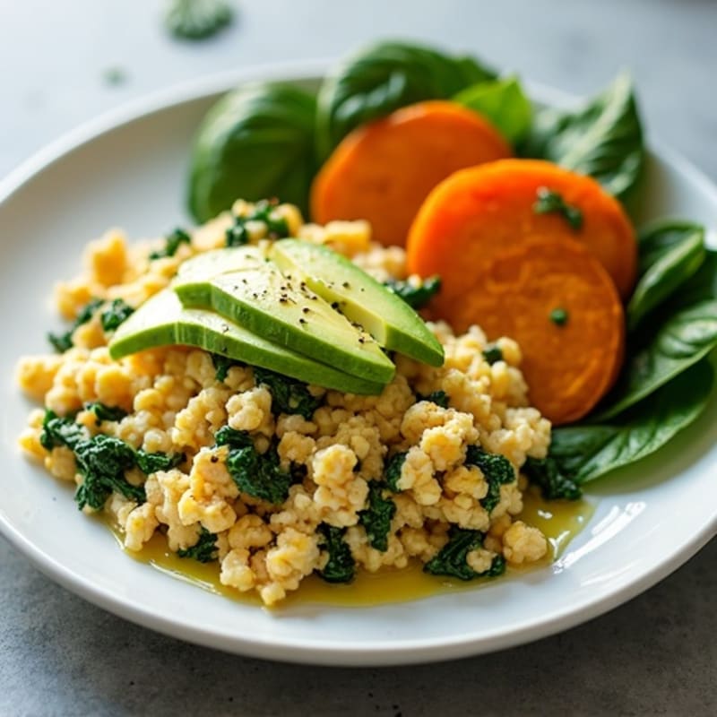 Egg White and Turkey Spinach Scramble with Roasted Sweet Potato