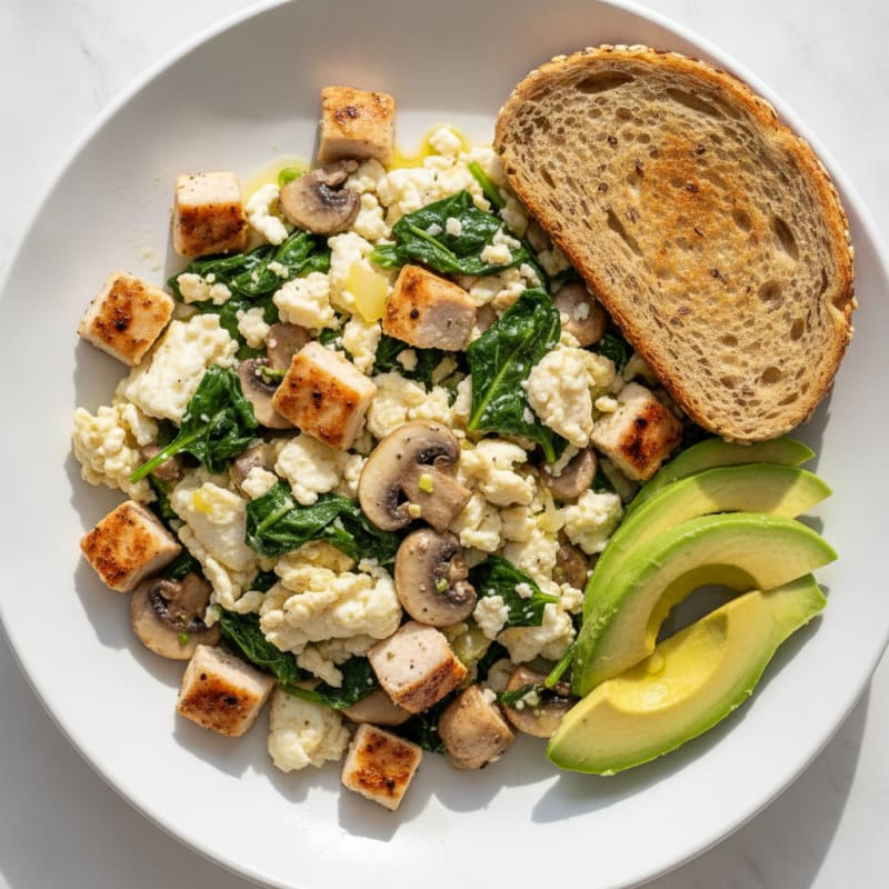 Egg White and Chicken Veggie Scramble with Spinach and Mushrooms