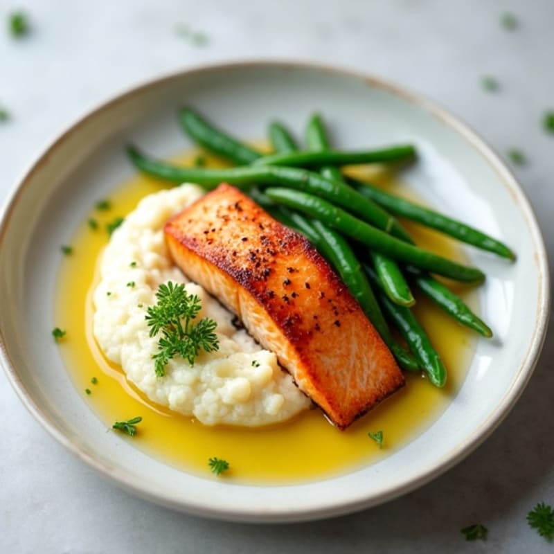 Seared Salmon with Steamed Green Beans and Cauliflower Mash