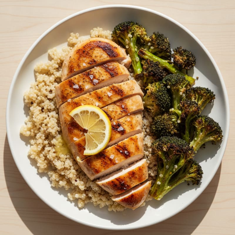 Seared Chicken Breast with Quinoa and Roasted Broccoli
