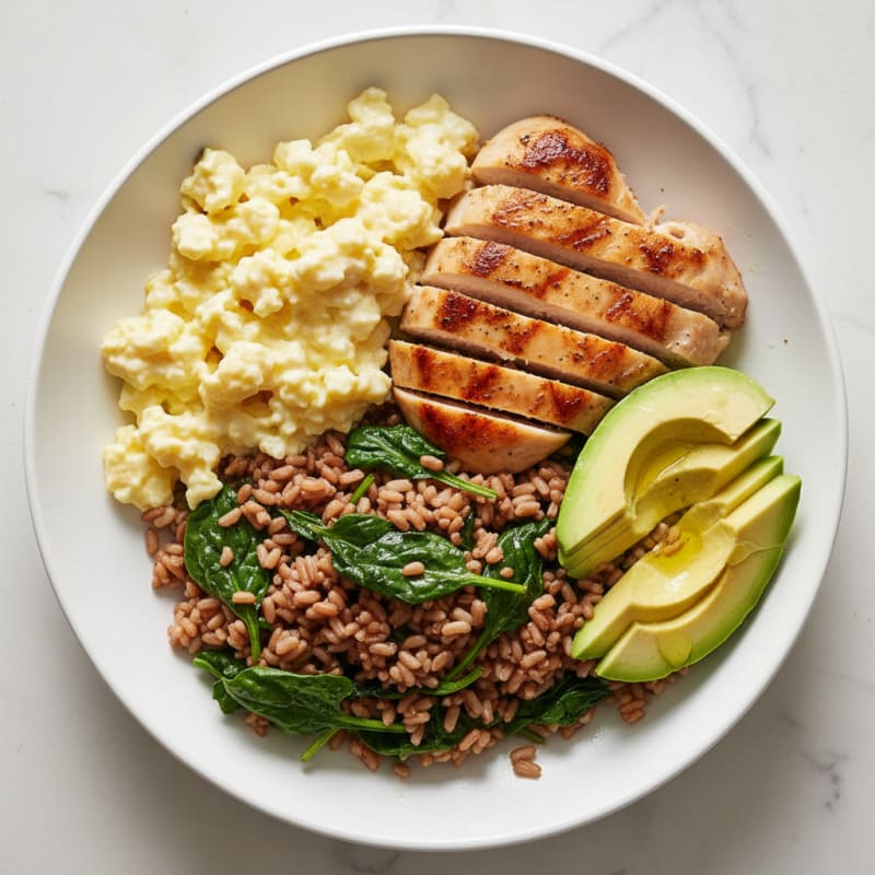 Scrambled Eggs with Seared Chicken and Brown Rice