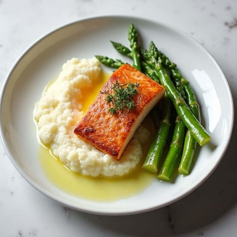 Seared Salmon with Steamed Asparagus and Cauliflower Mash
