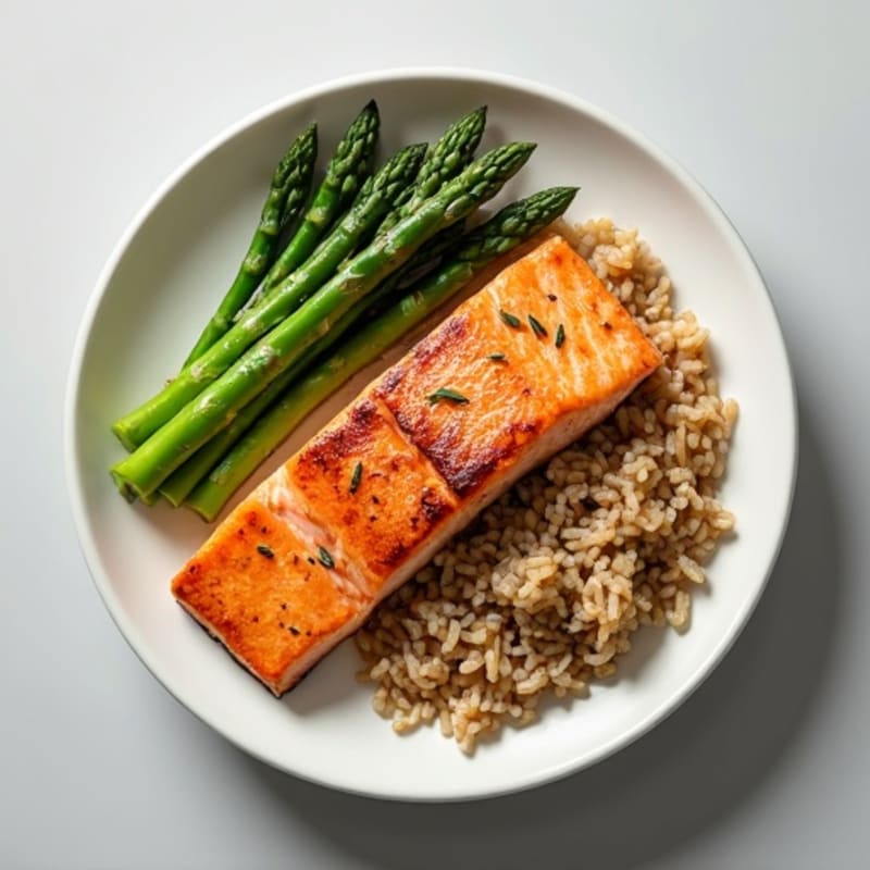 Seared Salmon with Steamed Asparagus and Brown Rice