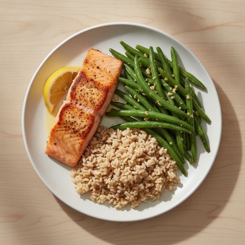 Seared Salmon with Garlic Green Beans and Brown Rice