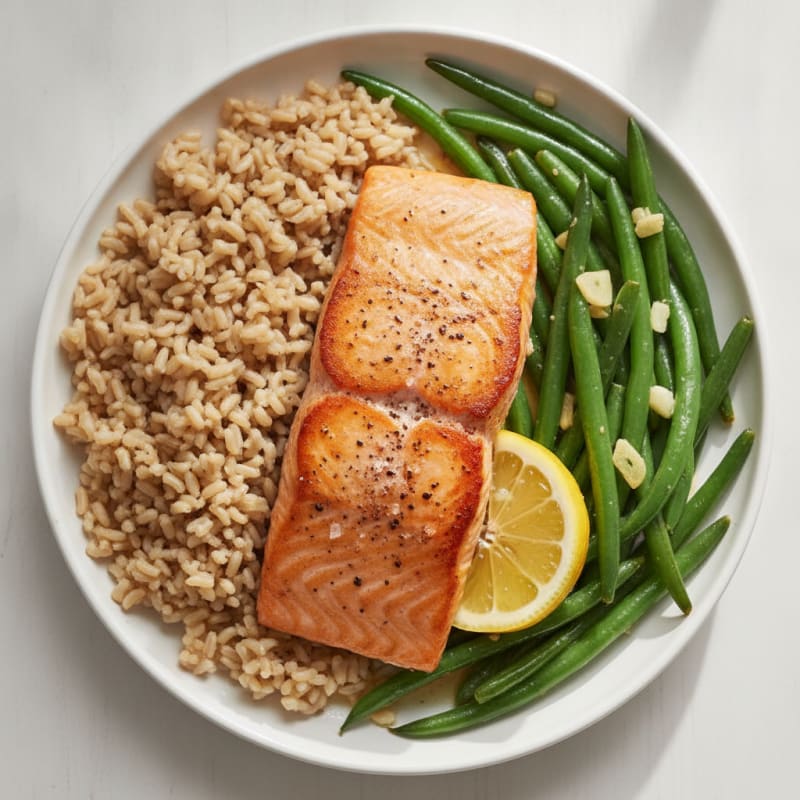 Pan Seared Salmon with Garlic Green Beans and Brown Rice