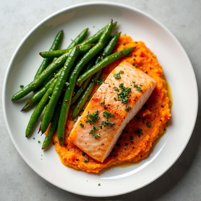 Seared Salmon with Steamed Green Beans and Sweet Potato Mash