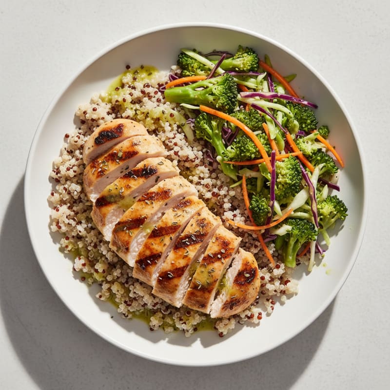 Grilled Chicken Breast with Quinoa and Crunchy Broccoli Slaw