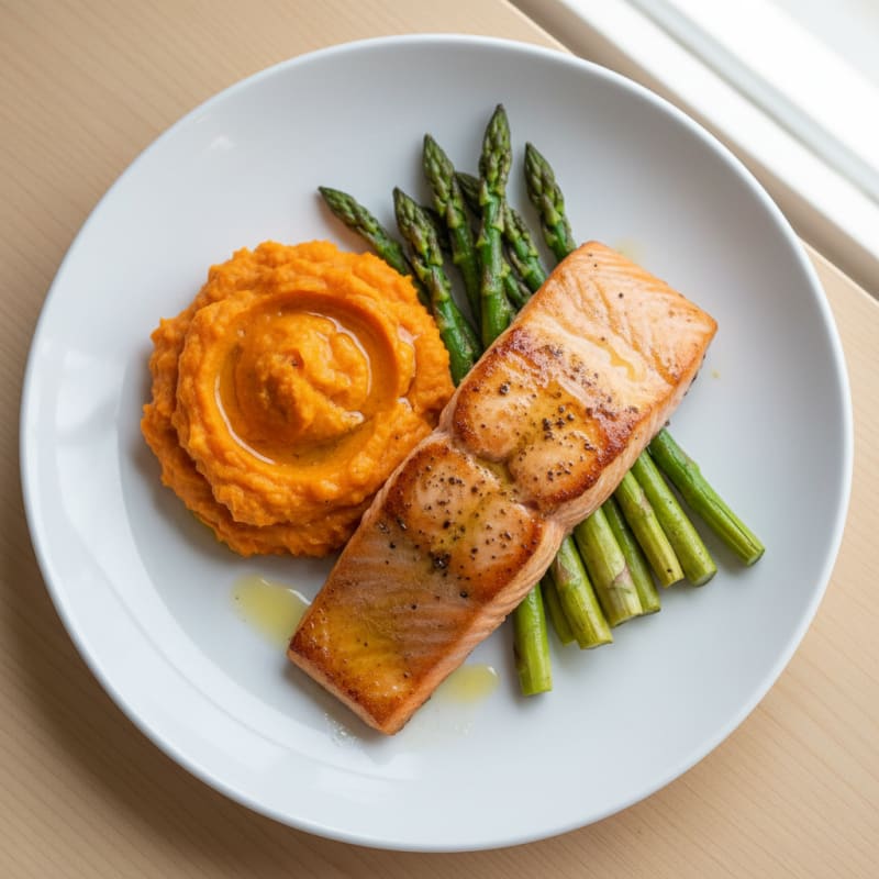 Seared Salmon Fillet with Roasted Asparagus and Sweet Potato Mash