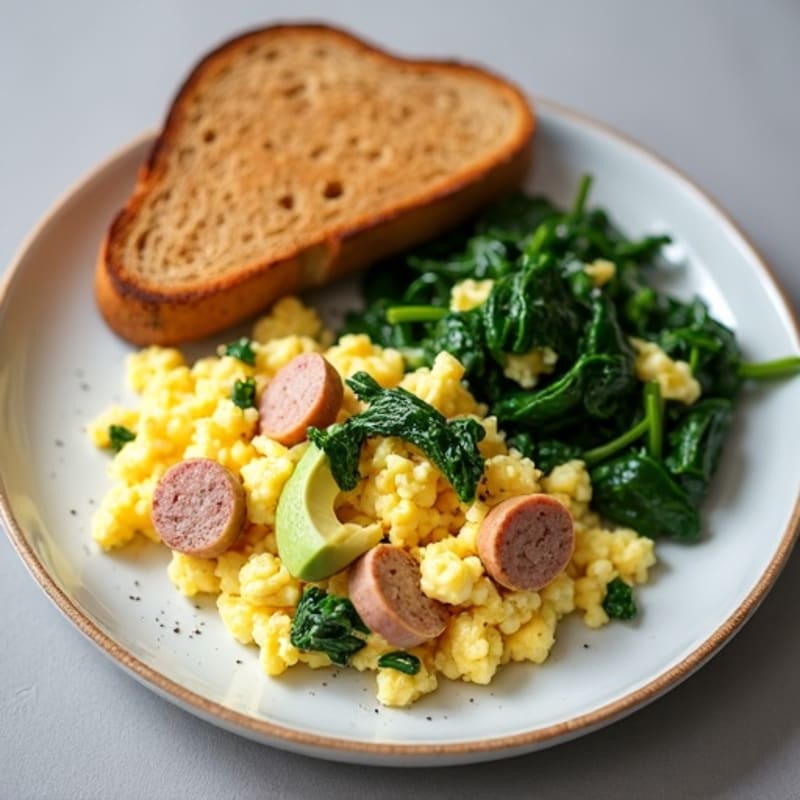 Egg White Scramble with Turkey Sausage and Sautéed Spinach