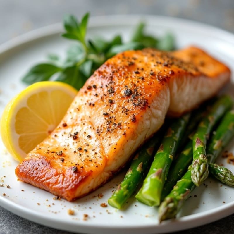 Crispy Pan-Seared Salmon with Roasted Asparagus and Lemon