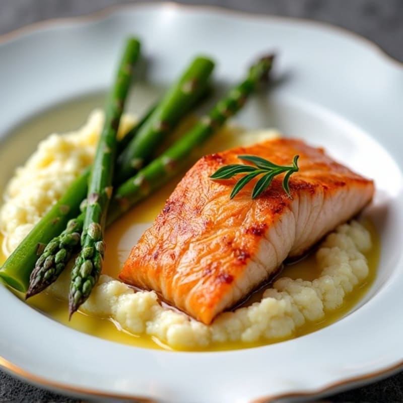Seared Salmon with Steamed Asparagus and Garlic Cauliflower Mash
