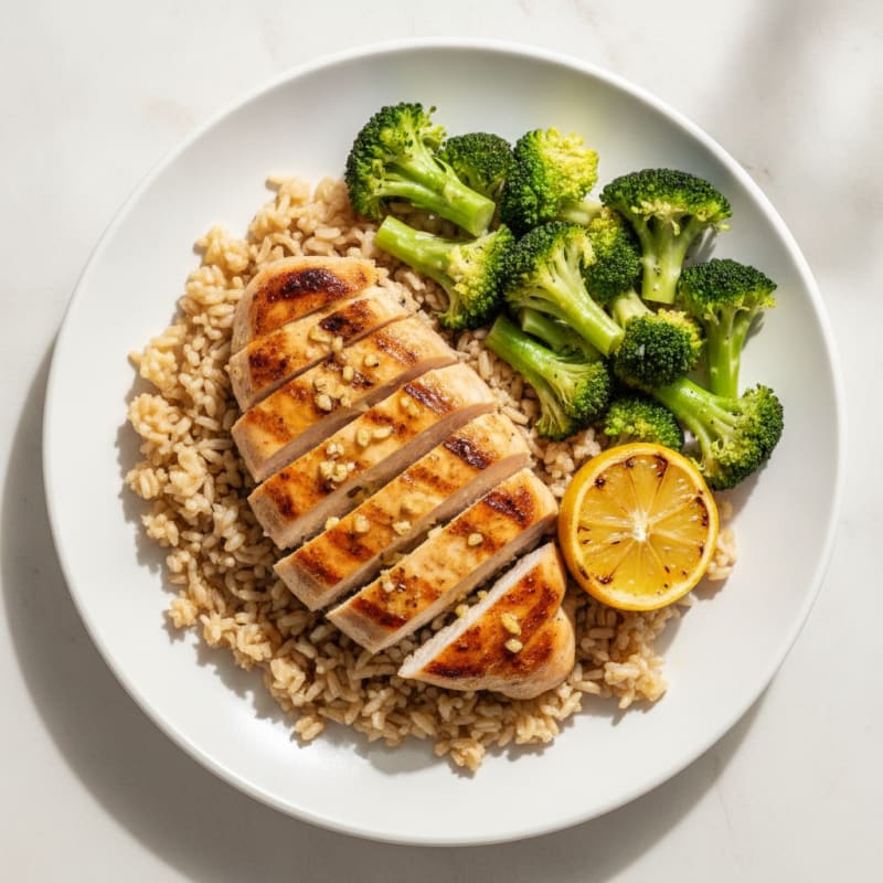 Grilled Lemon-Garlic Chicken Breast with Brown Rice and Steamed Broccoli