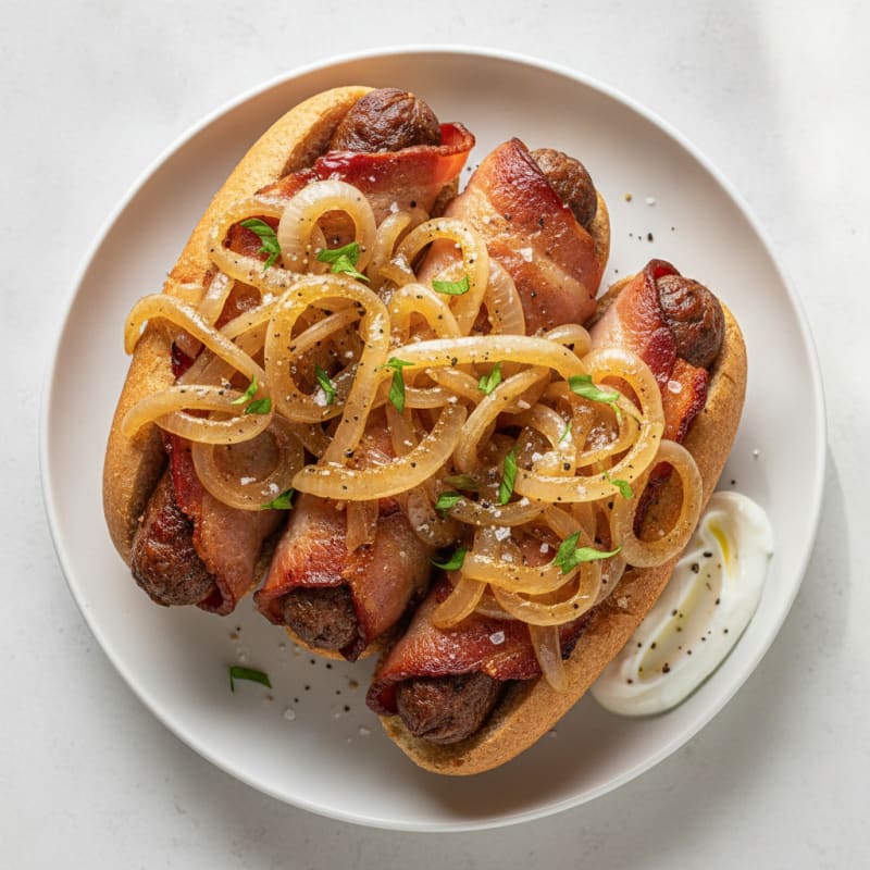 Bacon-Wrapped Hot Dogs with Caramelized Onions