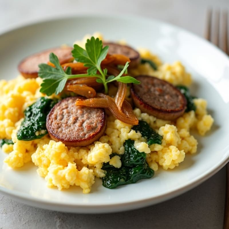 Egg White Scramble with Turkey Sausage and Sautéed Spinach