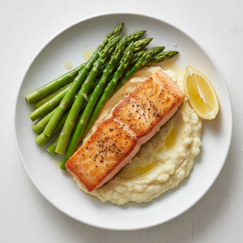 Seared Salmon with Steamed Asparagus and Cauliflower Mash