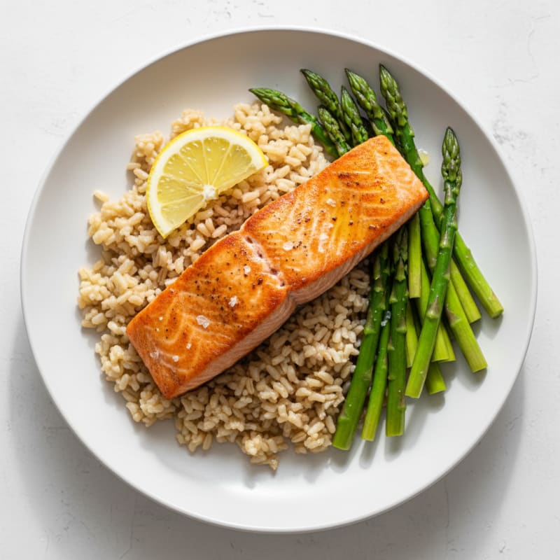 Seared Salmon Fillet with Brown Rice and Steamed Asparagus