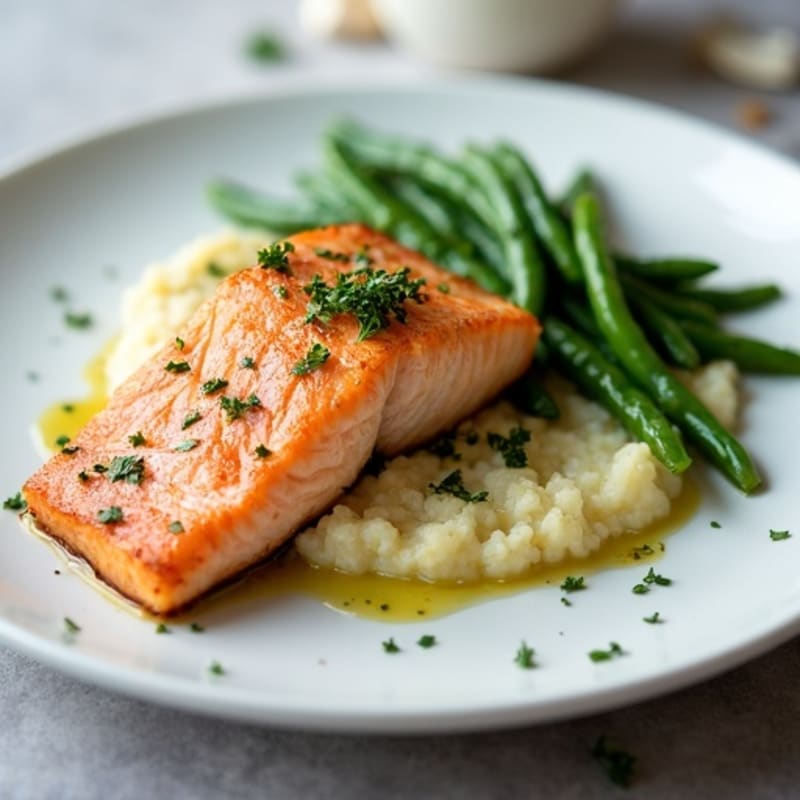 Seared Salmon Fillet with Garlic Green Beans and Cauliflower Mash