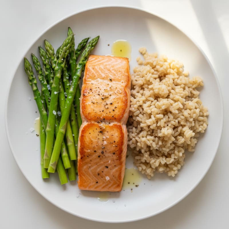 Seared Salmon with Steamed Asparagus and Brown Rice