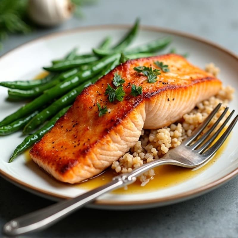 Seared Salmon Fillet with Garlic Green Beans and Brown Rice