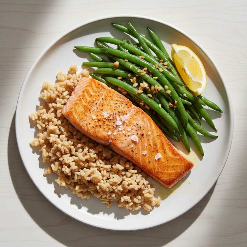 Seared Salmon Fillet with Garlic Green Beans and Brown Rice