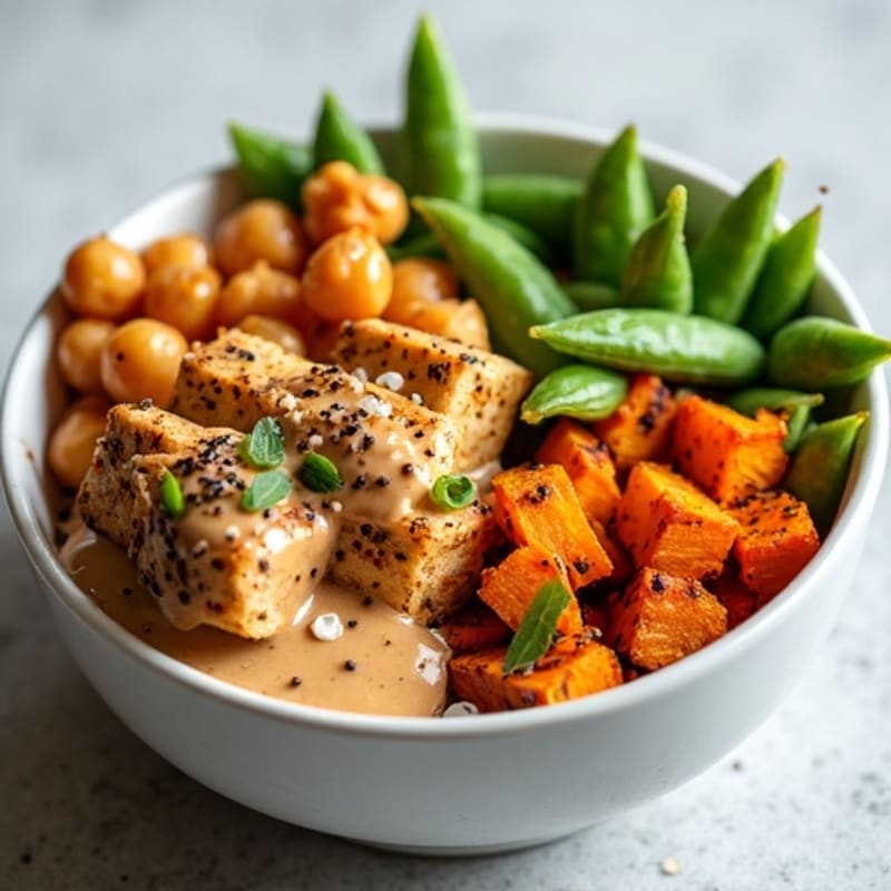 Crispy Roasted Chickpea and Sweet Potato Bowl with Creamy Tahini Dressing