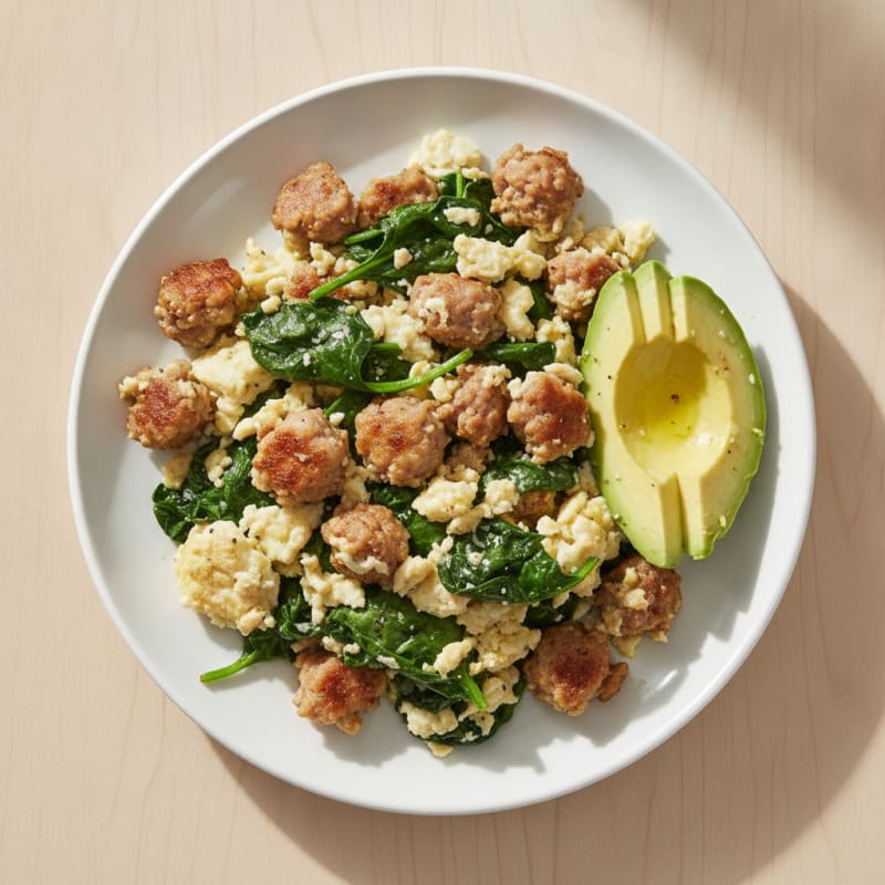 Egg White and Turkey Sausage Scramble with Sautéed Spinach