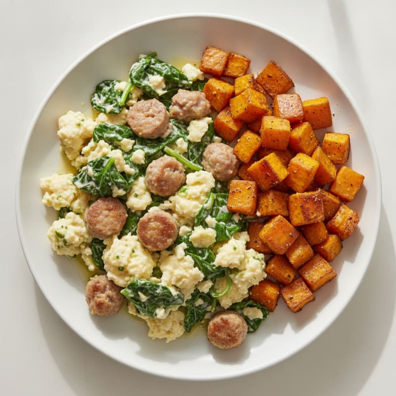 Egg White and Turkey Sausage Scramble with Spinach and Roasted Sweet Potato