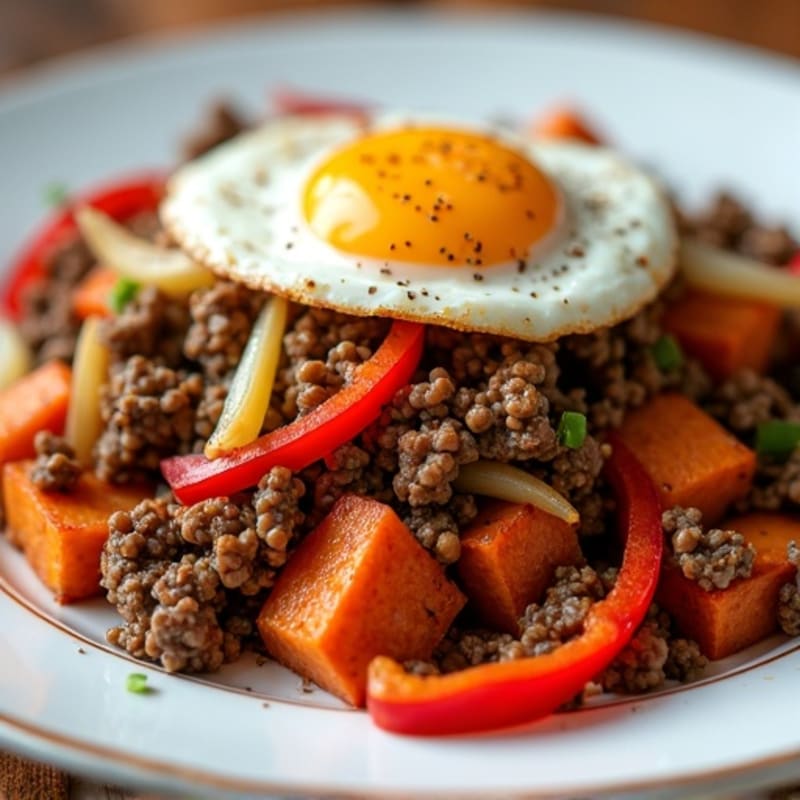 Lean Ground Beef and Crispy Sweet Potato Hash