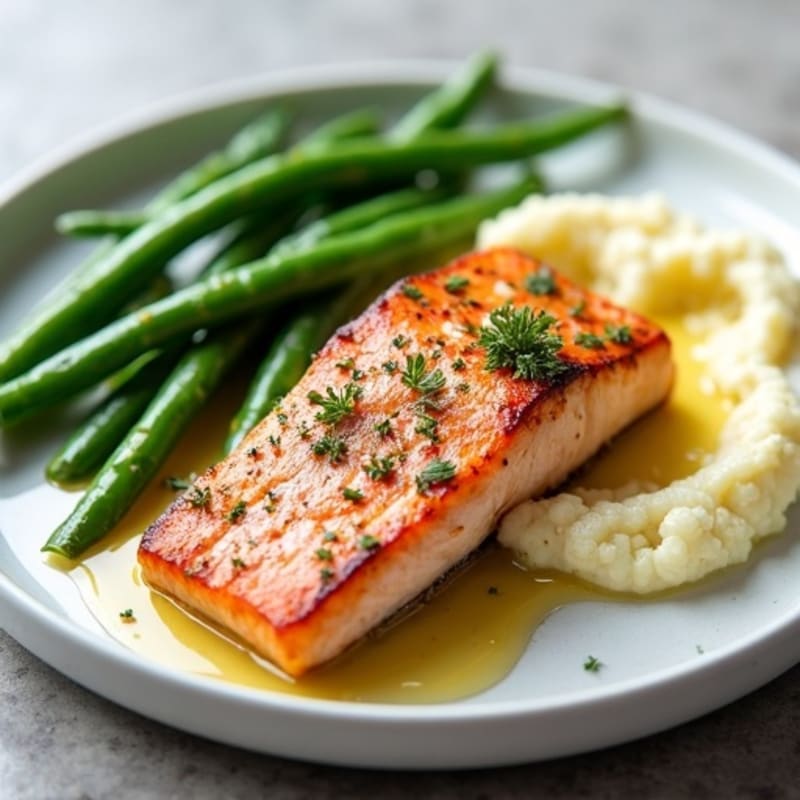 Seared Salmon with Garlic Green Beans and Cauliflower Mash