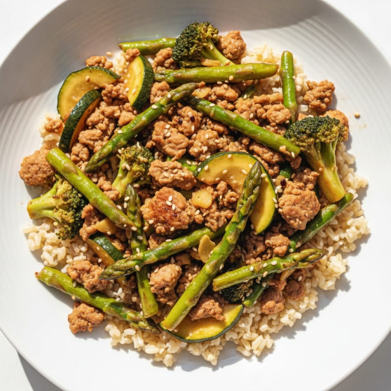 Ground Turkey and Vegetable Stir-Fry with Asparagus and Brown Rice