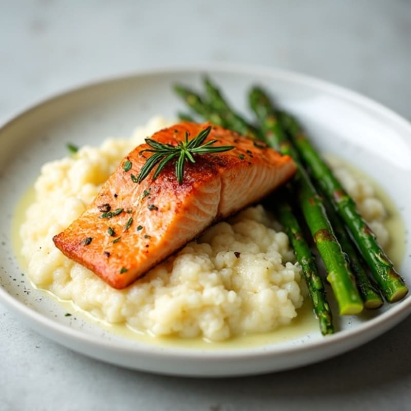Seared Salmon with Steamed Asparagus and Cauliflower Mash