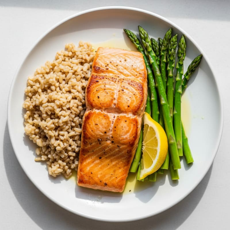 Seared Salmon with Steamed Asparagus and Brown Rice