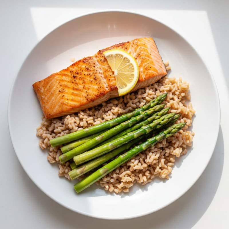 Seared Salmon with Steamed Asparagus and Brown Rice