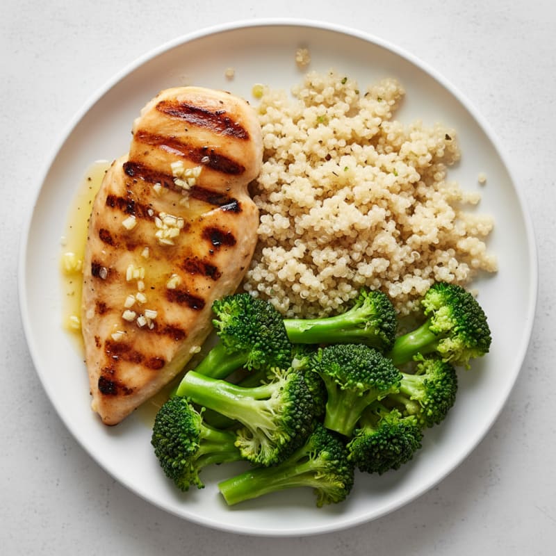 Grilled Lemon Garlic Chicken Breast with Quinoa and Steamed Broccoli
