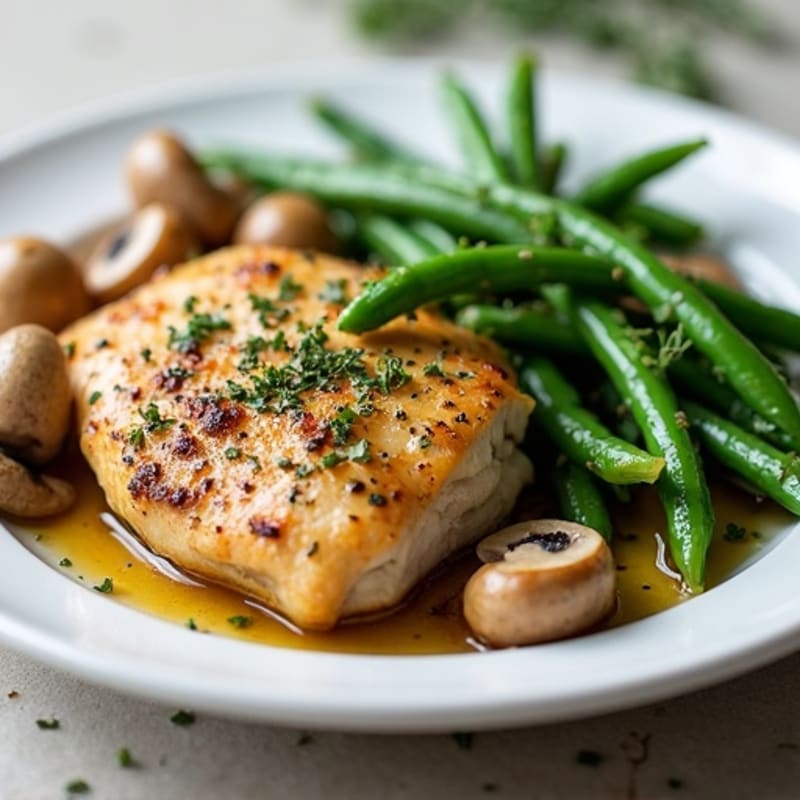 Herb-Roasted Chicken with Roasted Garlic Butter Mushrooms and Crispy Green Beans